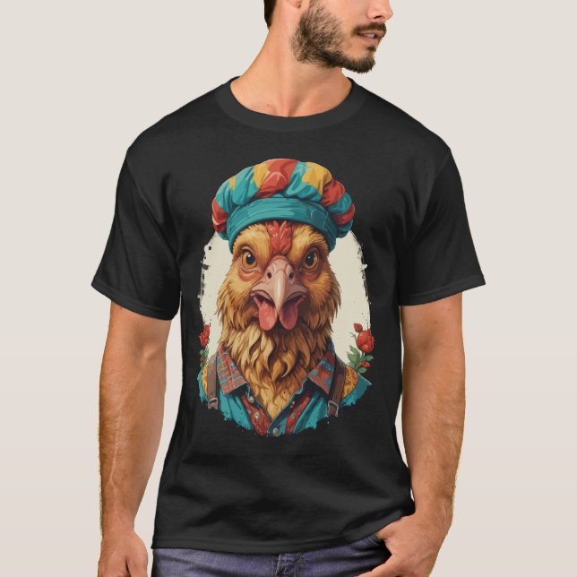 Chicken Retro T-Shirt – Bohemian Feathered Flair (Front)