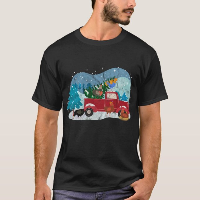 Chicken Riding Red Truck Xmas Merry Christmas T-Shirt (Front)