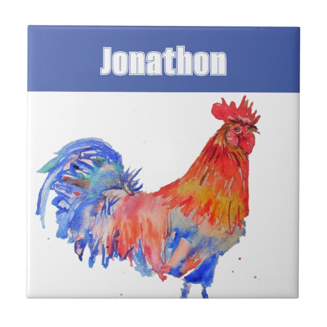 Chicken Rooster Bird Kids Boys Name Blue Red Tile (Front)