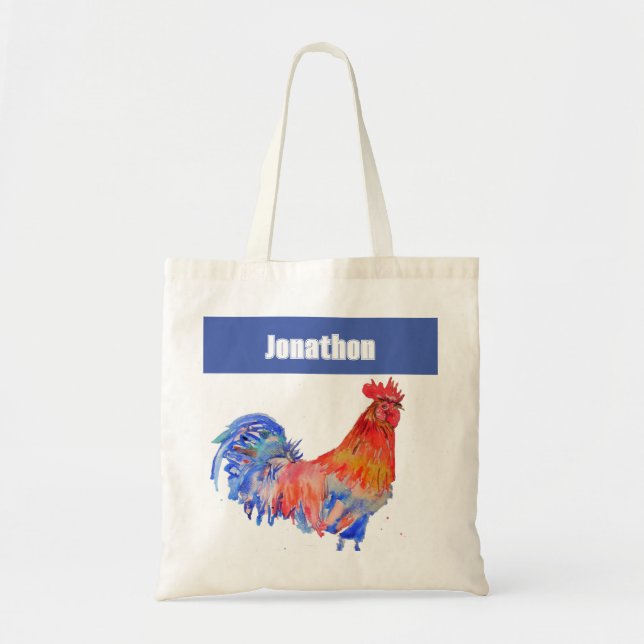 Chicken Rooster Bird Kids Boys Name Blue Red Tote Bag (Front)