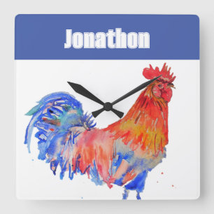 Chicken Rooster Bird Kids Boys Name Notebook Square Wall Clock
