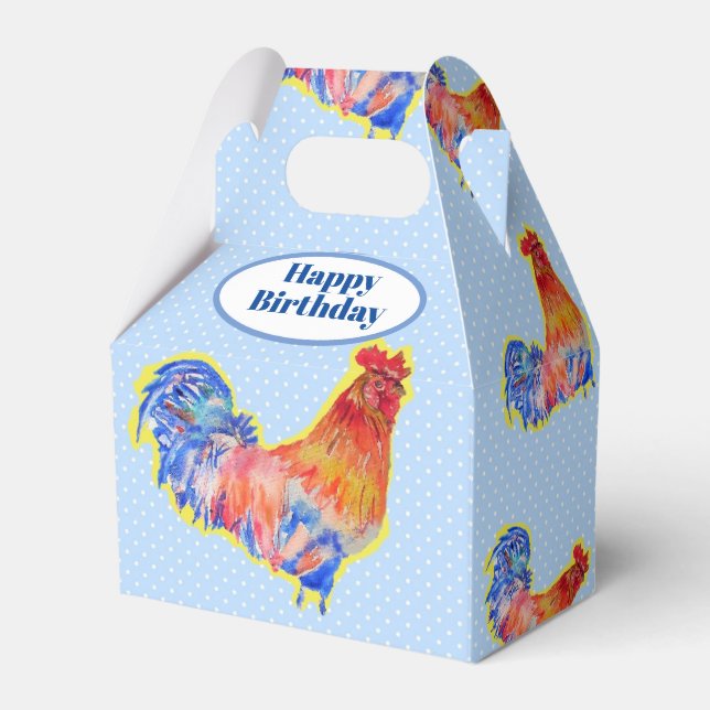 Chicken Rooster Blue Boys Birthday Cake Favor Box (Front Side)