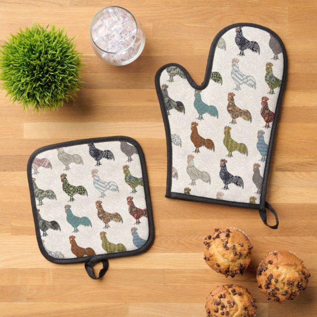 Chicken Rooster Colourful Pattern Farm Oven Mitt & Pot Holder Set (Top Down)