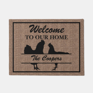 Chicken Rooster Family Split Monogram Burlap Doormat