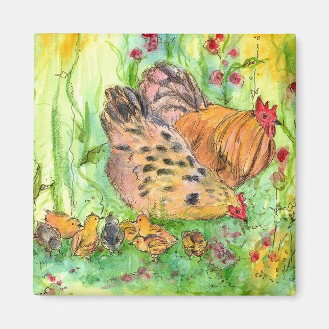 Chicken Rooster Hen Chicks Watercolor Meadow Magnet (Front)