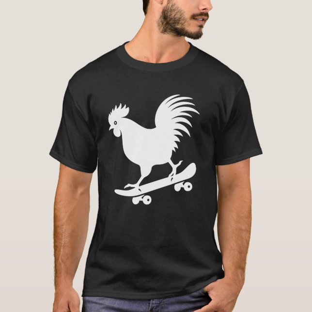 Chicken rooster hen skateboard skater silhouette T-Shirt (Front)