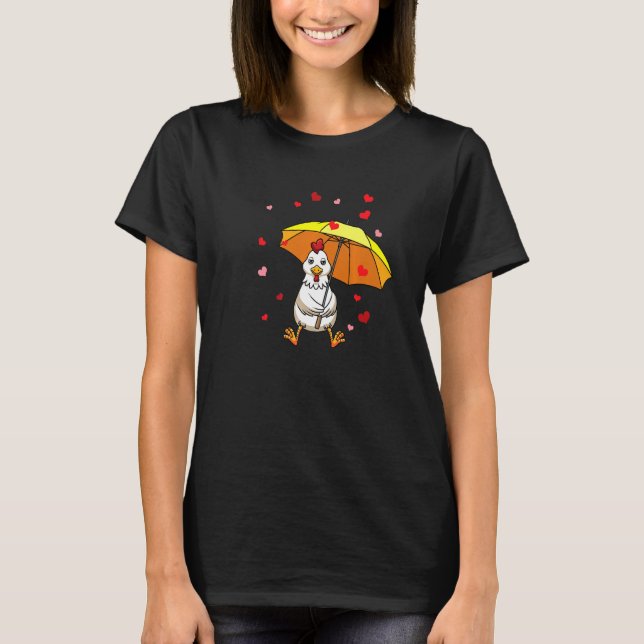 Chicken Rooster Hen With Umbrella And Hearts T-Shirt (Front)