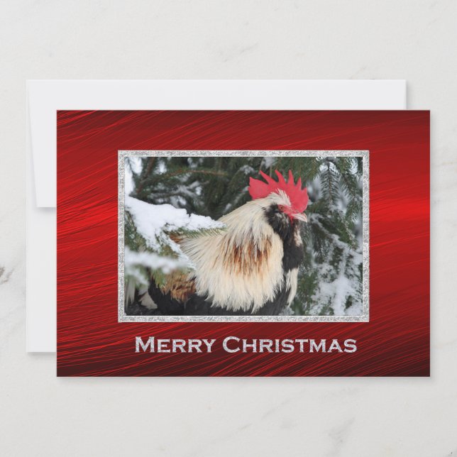 Chicken Rooster Pine Snow Photo Christmas Flat Holiday Card (Front)