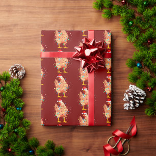Chicken Santa Hat Christmas Red Wrapping Paper