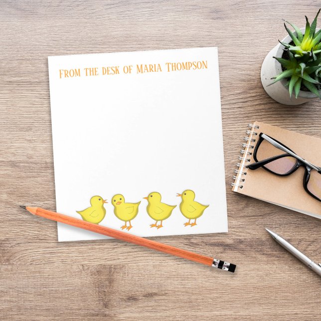 Chicken Scratch Chics Spring Whimsical Fun Notepad (Cute personalized teacher stationery with yellow chicks and custom desk name header.)