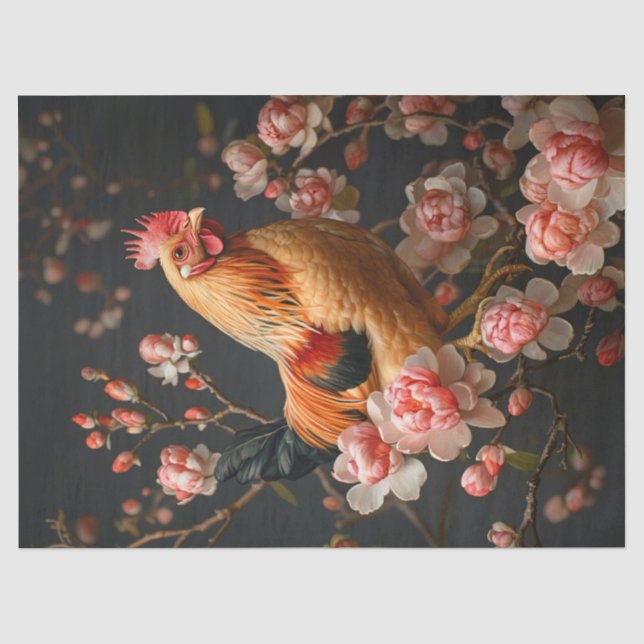 Chicken Surrounded by Pink Flowers Decoupage Tissue Paper (Front)