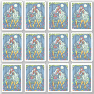 CHICKEN SWEETHEARTS, HEN & ROOSTER ON PORCH SWING