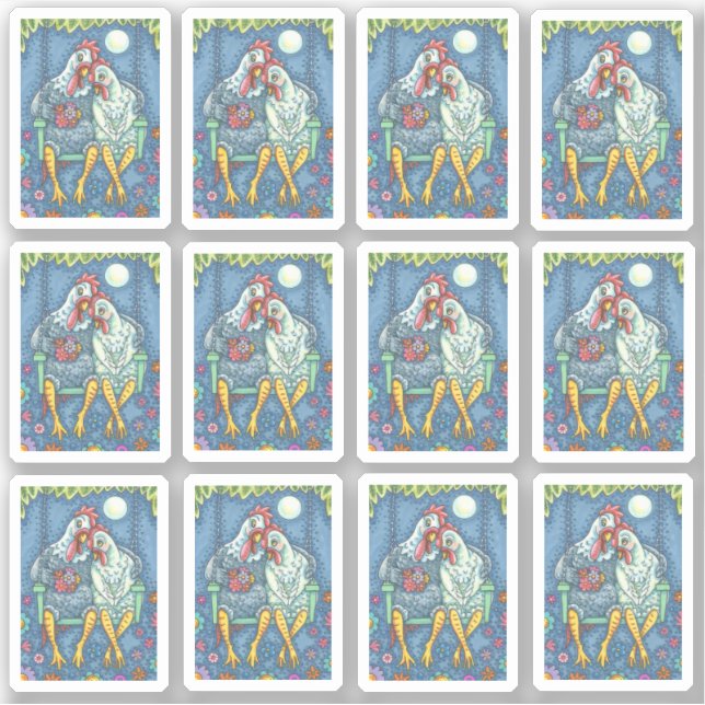 CHICKEN SWEETHEARTS, HEN & ROOSTER ON PORCH SWING (Front)