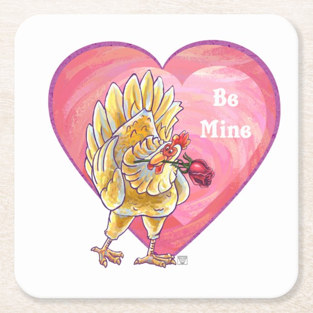 Chicken Valentine's Day Square Paper Coaster (Front)