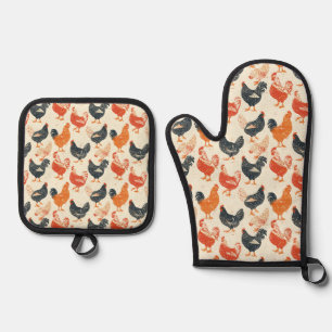 Chicken Vintage Pattern Oven Mitt & Pot Holder Set