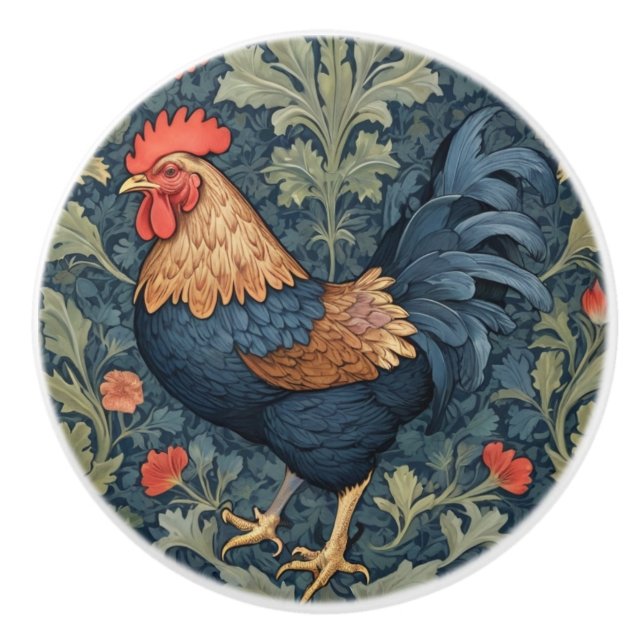 Chicken William Morris style Left facing Rooster Ceramic Knob (Front)