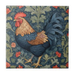Chicken William Morris style Left facing Rooster Tile<br><div class="desc">"elegant classic art nouveau",  "flowery chicken fowl Bird",  "sage green poultry animals",  "british william morris ceramic tile",  "leafy dark navy blue",  "stylish rustic red leaves",  "left facing vintage rustic birds",  "garden rooster farm animal",  "nature floral flower botanical",  "leaf flowers traditional antique"</div>