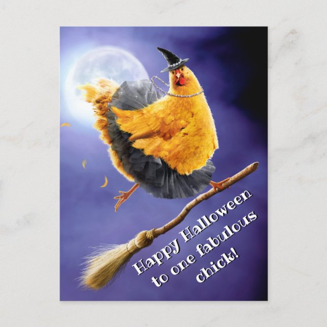 Chicken Witch on Broomstick Invitation Postcard (Front)
