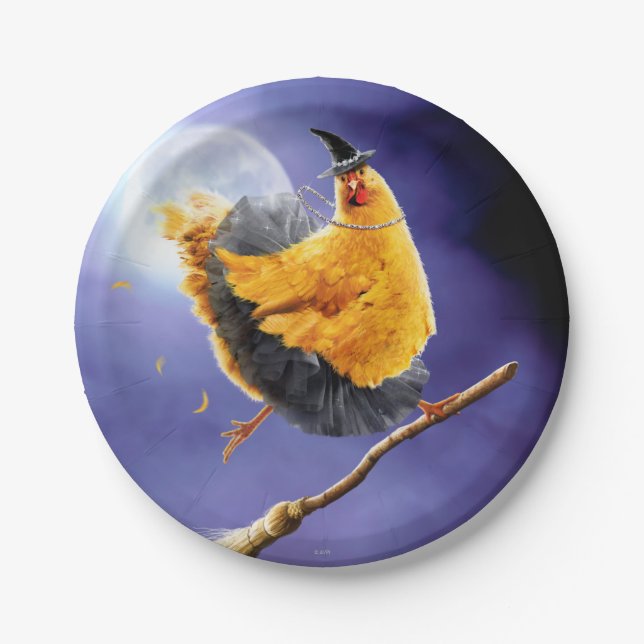 Chicken Witch on Broomstick Paper Plate (Front)
