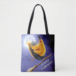 Chicken Witch on Broomstick Tote Bag