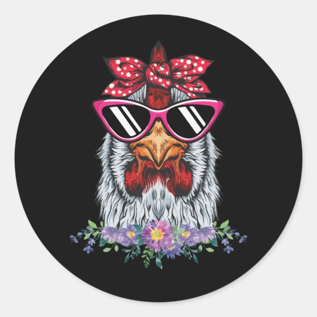 Chicken With Bandana Headband And Glasses Classic Round Sticker (Front)