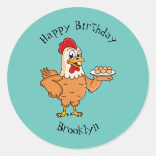 Chicken with eggs on plate cartoon classic round sticker