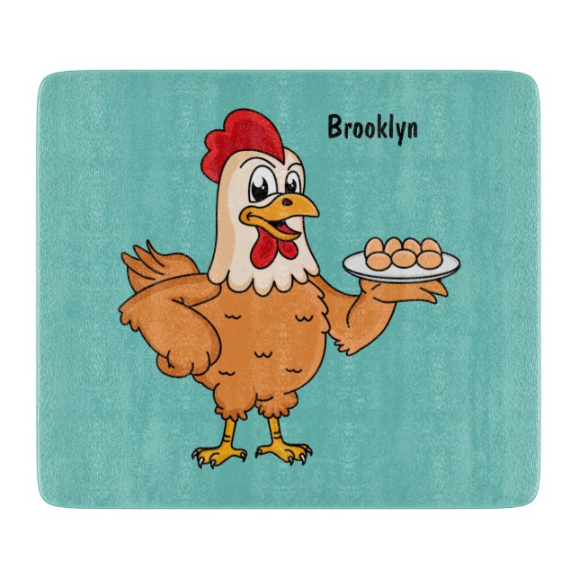 Chicken with eggs on plate cartoon cutting board (Front)