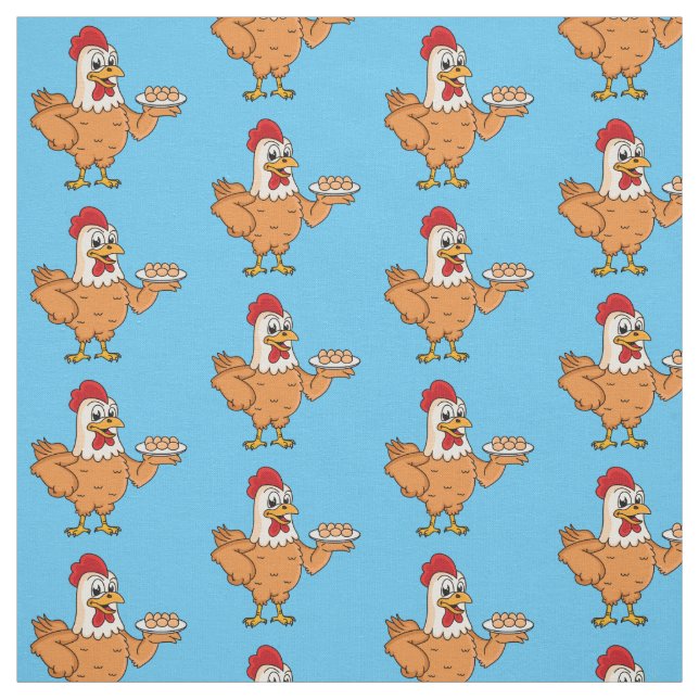 Chicken with eggs on plate cartoon fabric (Swatch)