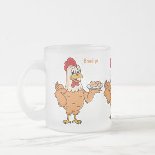 Chicken with eggs on plate cartoon frosted glass coffee mug