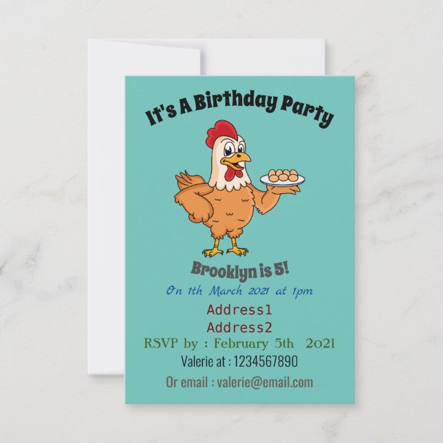 Chicken with eggs on plate cartoon invitation (Front)
