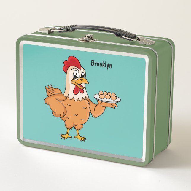 Chicken with eggs on plate cartoon metal lunch box (Front)