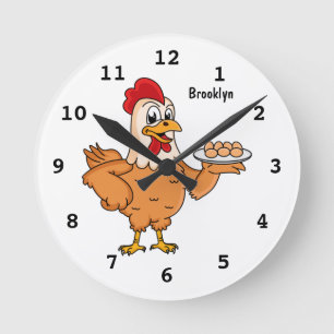 Chicken with eggs on plate cartoon round clock