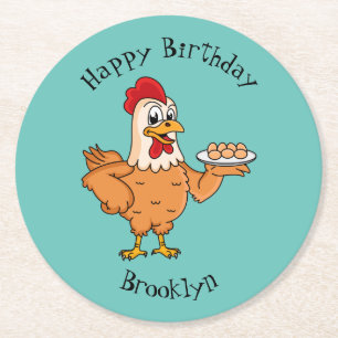 Chicken with eggs on plate cartoon round paper coaster