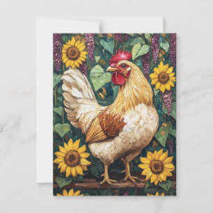 Chicken with Flowers Oil Painting Postcard