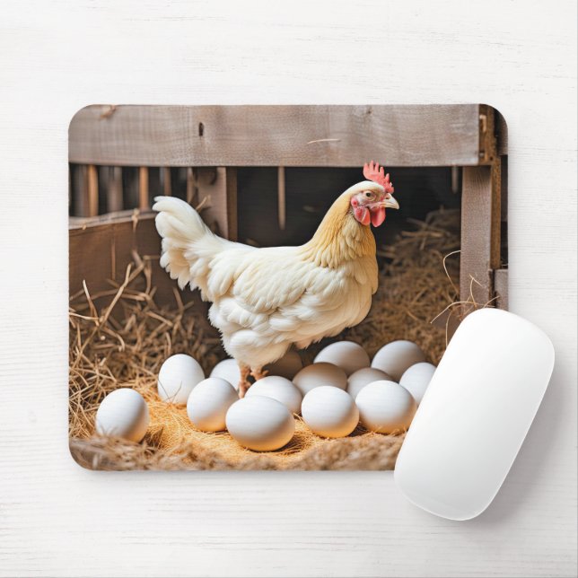 Chicken With White Eggs Mouse Mat (With Mouse)