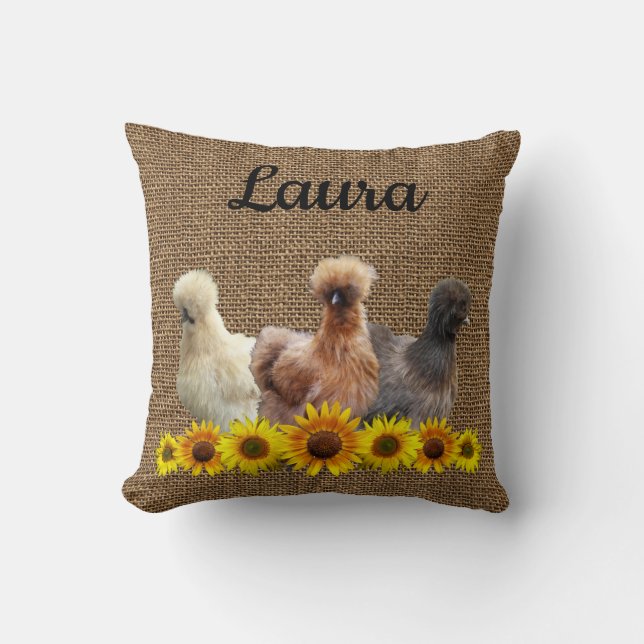 Chicken Your Name Silkie Sunflowers Burlap Cushion (Front)