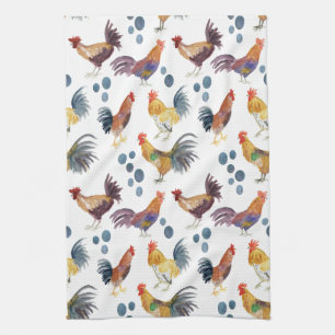 Chickens and Eggs Barnyard Farm Country Watercolor Tea Towel