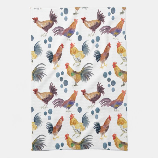 Chickens and Eggs Barnyard Farm Country Watercolor Tea Towel (Vertical)