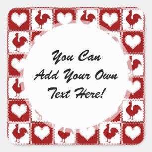 Chickens and Hearts Rooster Pattern Square Sticker