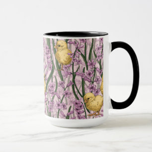 Chickens and hyacinths on pink mug