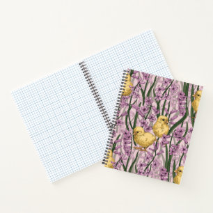 Chickens and hyacinths on pink notebook
