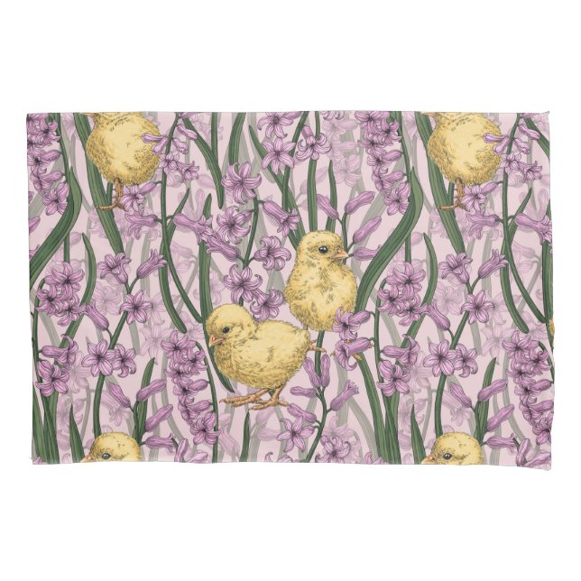 Chickens and hyacinths on pink pillowcase (Front-Left)