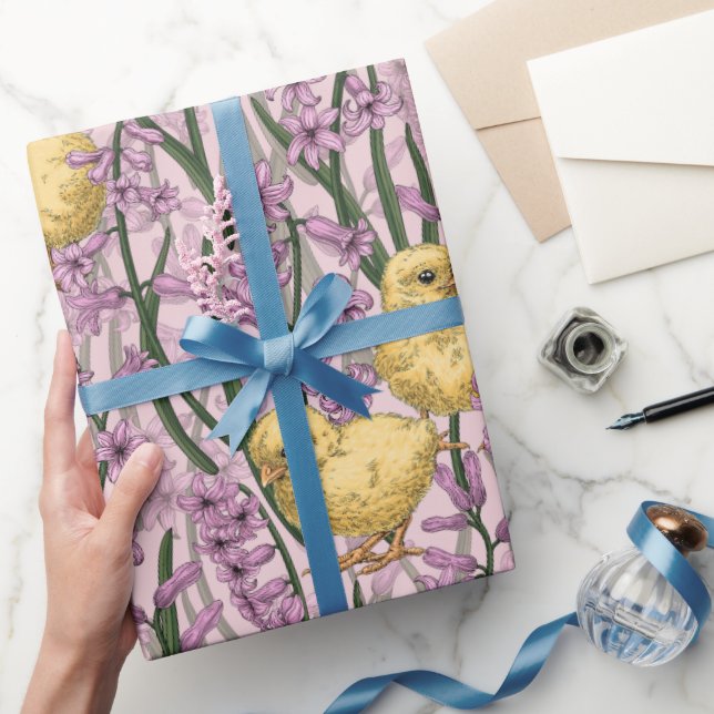Chickens and hyacinths on pink wrapping paper (Gifting)