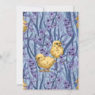 Chickens and hyacinths on sky blue