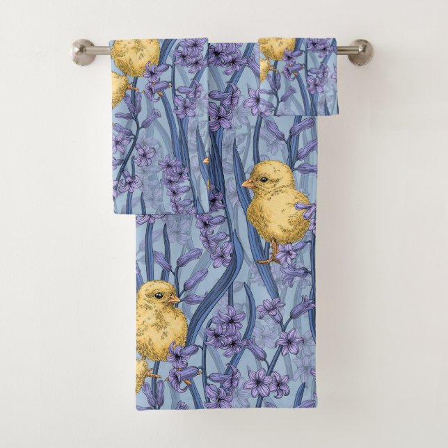 Chickens and hyacinths on sky blue bath towel set (Insitu)