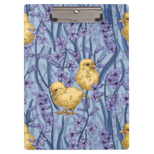 Chickens and hyacinths on sky blue clipboard