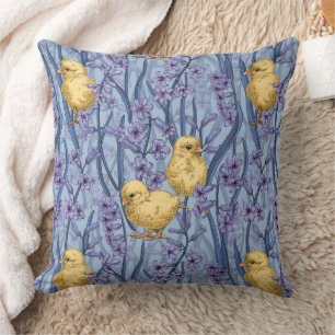 Chickens and hyacinths on sky blue cushion