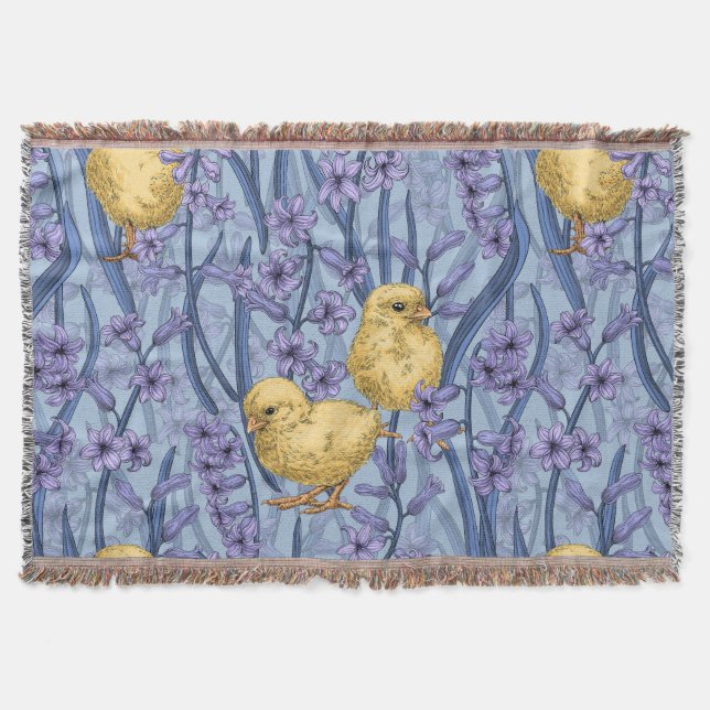 Chickens and hyacinths on sky blue throw blanket (Front)