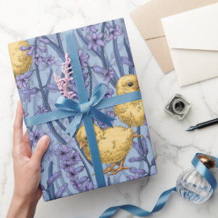Chickens and hyacinths on sky blue wrapping paper