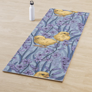 Chickens and hyacinths on sky blue yoga mat